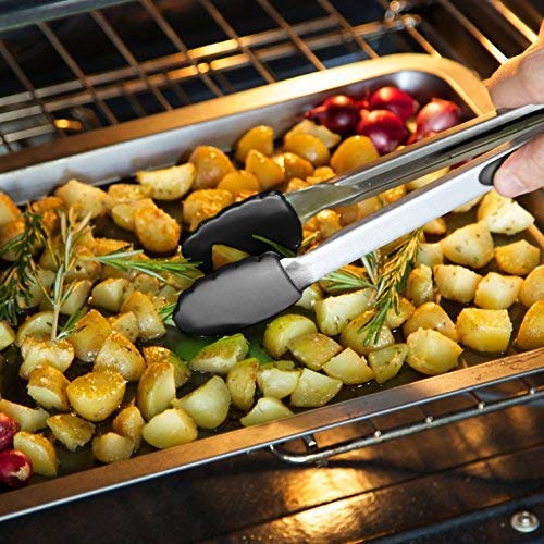 Set of Kitchen Tongs for Cooking or Grilling: Includes 7, 9 and 12 Inch Stainless Steel, Heat Resistant Locking Tongs with Silicone Tips - Perfect for BBQ, Grill or Household Cooking - 3 Pack, Black