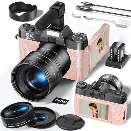 FLATIC Cameras for Photography, 6K 64MP Digital Camera with WiFi & Microphone for Youtuber, Vlogging Camera with 180°Flip Screen, 64GB Card, 2 Batteries, Macro & Wide-Angle Lens, Card Reader