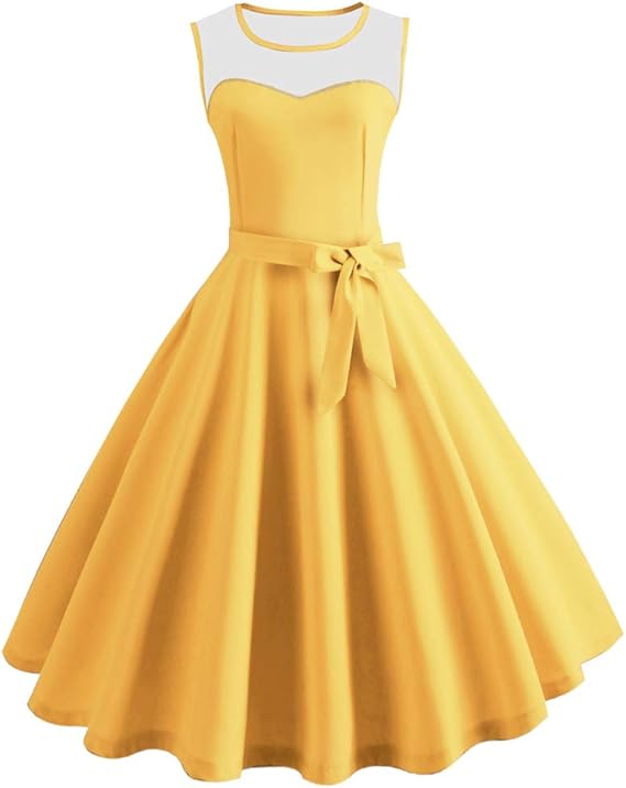 Amazon Jomiss レトロワンピース ミモレ丈ワンピース 春秋 純色 ドレス 50年代 レディースフォーマルドレス 結婚式パーティー 優雅な欧美復古風 膝丈 ベルト付き 着痩せ イエロー M ワンピース チュニック 通販