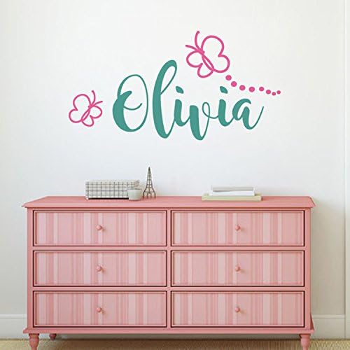 Butterflies Name Wall Decal - Nursery Name Decal - Personalized Wall Decals Girls Bedroom Decor (Teal+Blush,10.5"h x 22"w)