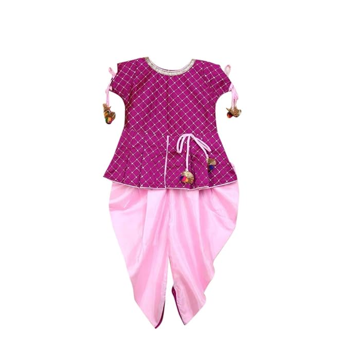 Kid1 By Hopscotch Baby Girls Silk Embroidred Work Short Kurti With Dhoti In Purple Color