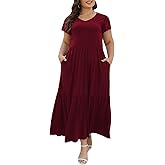 Celkuser Women's Plus Size Casual Summer Maxi Dress - Ruffle Sleeve Crew Neck Tiered with Elastic Waist and Pockets (cel162,20,Wine)
