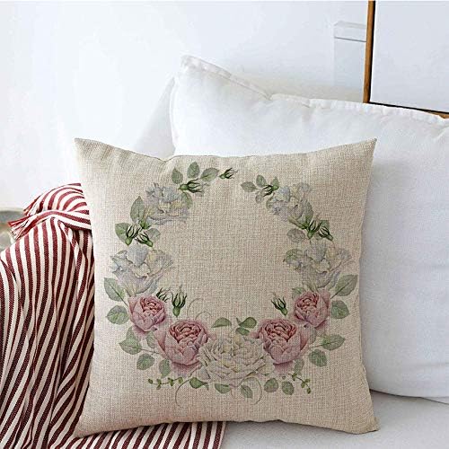 Staroapr Throw Pillow Covers Texture Ornate Thank Blossom Watercolor Frame Floral Wreath Sketching Roses Vintage Bud Holidays Cotton Linen Square Pillowcase Cushion Covers for Couch Sofa 18x18 Inch