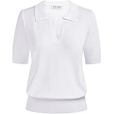 Kate Kasin Women Short Sleeve Polo Sweater V Neck Knitted Tops Casual Ribbed Shirt Loose Pullover Sweater