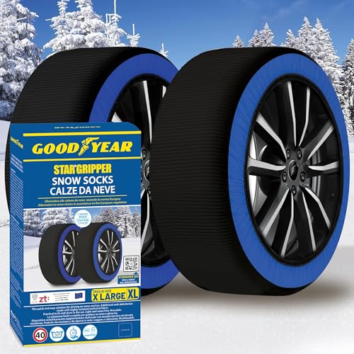 Goodyear Calze da Neve Star Gripper Omologate Italia EN 16662-1:2020 Due Catene da Neve in Tessuto per Auto, Snow Sock Taglia XL, per R14 - R21 (Misure per Pneumatici Dettagliate allInterno)