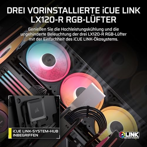 3500X LX-R RGB iCUE LINK Panoramaglas Mid-Tower-PC-Gehäuse – 3 x LX120-R RGB-Lüfter und iCUE LINK System Hub Inklusive, GPU-Anti-Sag-Arm, Platz für bis zu 10 x 120-mm-Lüfter – Schwarz