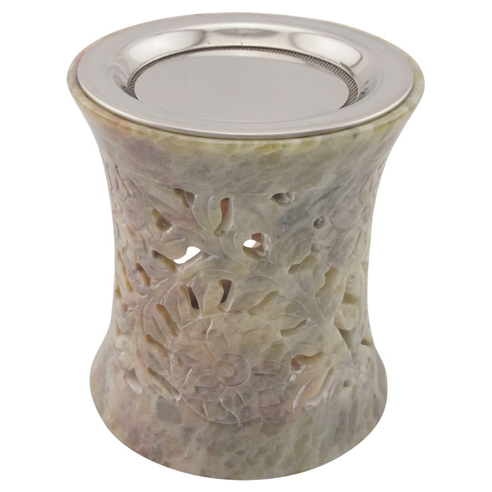 K W Incense burner made of Indian soapstone - with stainless steel sieve and metal disc - design Nilay - H 10 cm