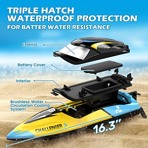 DEERC Fast Brushless RC Boat for Adults, 30+MPH 3S High Speed Remote Control Boat, Self-righting 2.4Ghz Speed Shark with LED Lights, Summer Toy Gift for Kids