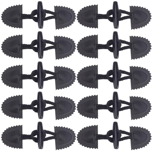 CABODYALS 10 Sets Black Pu Leather Toggle Closure with Wood Horn Buttons Vintage Sew on Toggles Closures Button Bulk Sewing Accessories for Sewing Making Coat Cloth Jacket Windbreaker Diy Supply