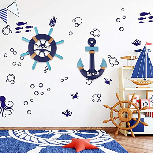 Meching-2-Pack-13-Nautical-Beach-Wooden-Ship-Wheel-and-13-Wood-Anchor-with-Rope-Nautical-Boat-Steering-Rudder-Wall-Decor-Door-Hanging-Ornament-Beach-Theme-Home-DecorationNavy-Blue Meching 2 Pack 13" Nautical Beach Wooden Ship Wheel and 13" Wood Anchor with Rope Nautical Boat Steering Rudder Wall Decor Door Hanging Ornament Beach Theme Home Decoration(Navy Blue)