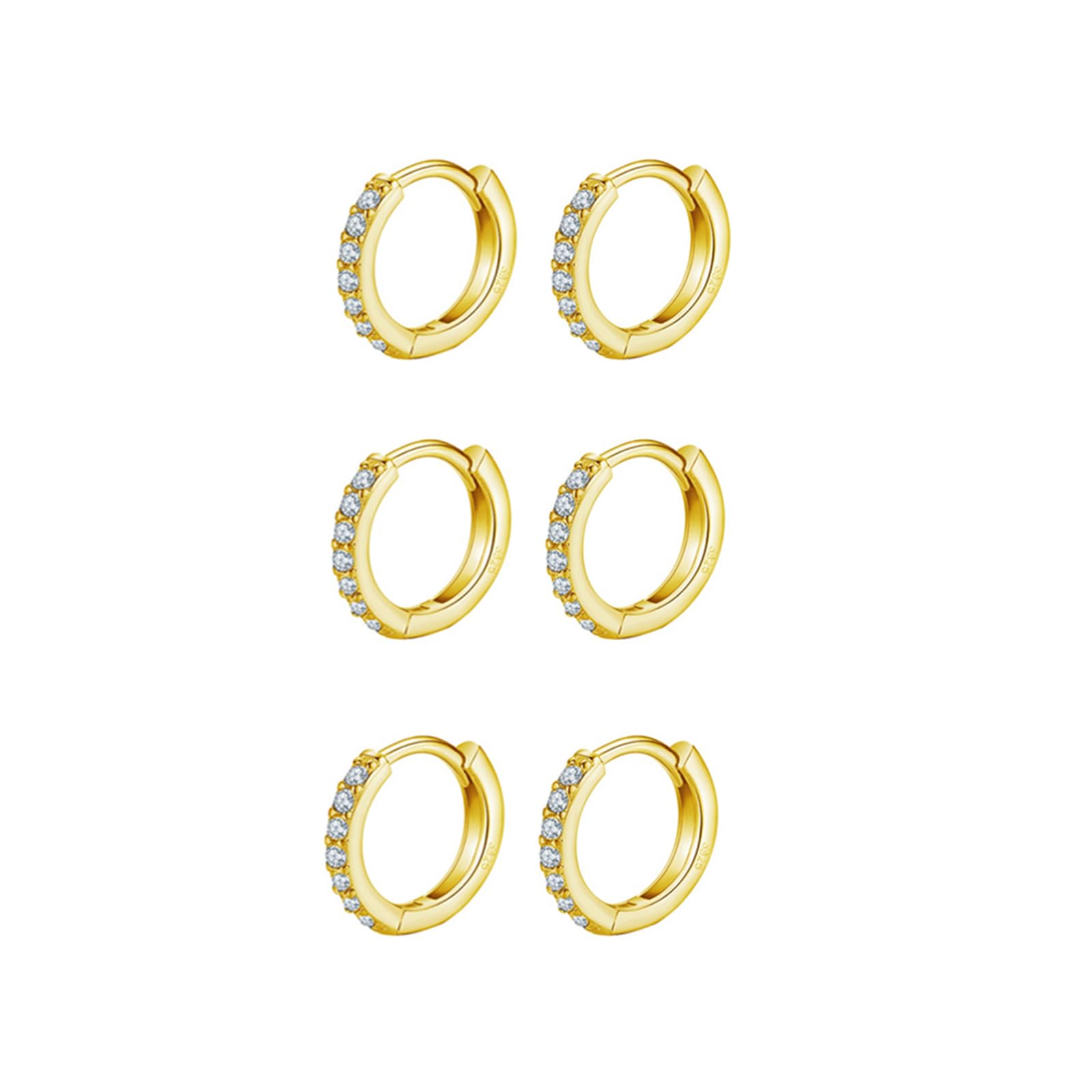 9ct Gold Plated Hoop Earrings, 925 Sterling Silver Post Small Gold Hoop Earrings with AAA Cubic Zirconia, 3 Pairs Small Sleeper Hoops Huggie Hinged Earrings (8mm*3)