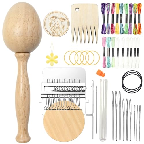 Kronabelle Complete 14-Piece Darning Set with Wooden Handle, Metal Needles, Hooks, Embroidery Floss, and Pearlescent Storage Bag for Mending and Repairing Knitted Fabrics