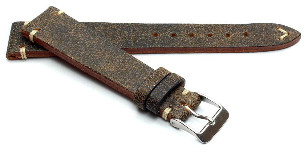Sulla 18 mm vintage leather watch strap, handmade in Germany, retro look, brown, white stitching.