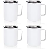MAIKESUB 4 Pcs Sublimation Blank Skinny Tumbler 12 OZ White Handle Double Wall Stainless Steel Coffee Straight Mug with Sliding Lid