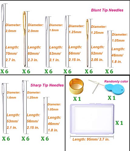 Y-Axis 54 Pcs Assorted Large Eye Stitching Needles Hand Sewing Needles Including Sharp & Blunt Needles with Storage Box