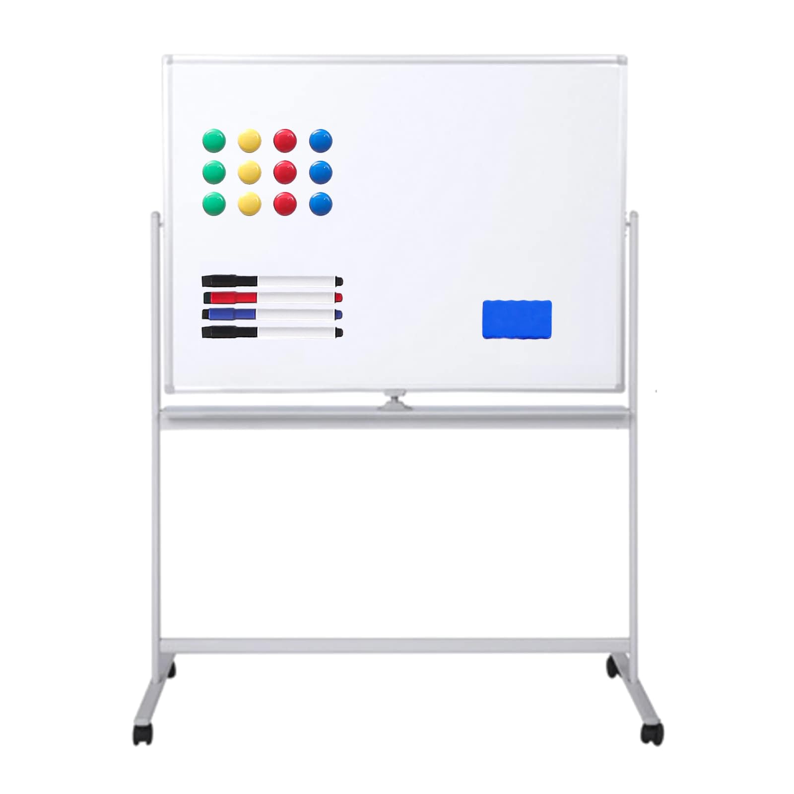 U-OFFICE 【個人宅配送可】ホワイトボード 脚付き 1200mm×900mm 両面 無地 360°回転式 パネル マグネット対応 キャスター付き 会社 自宅 家庭用 自立 事務所 会議 付属品あり (キャスター付, 120×90cm 両面)