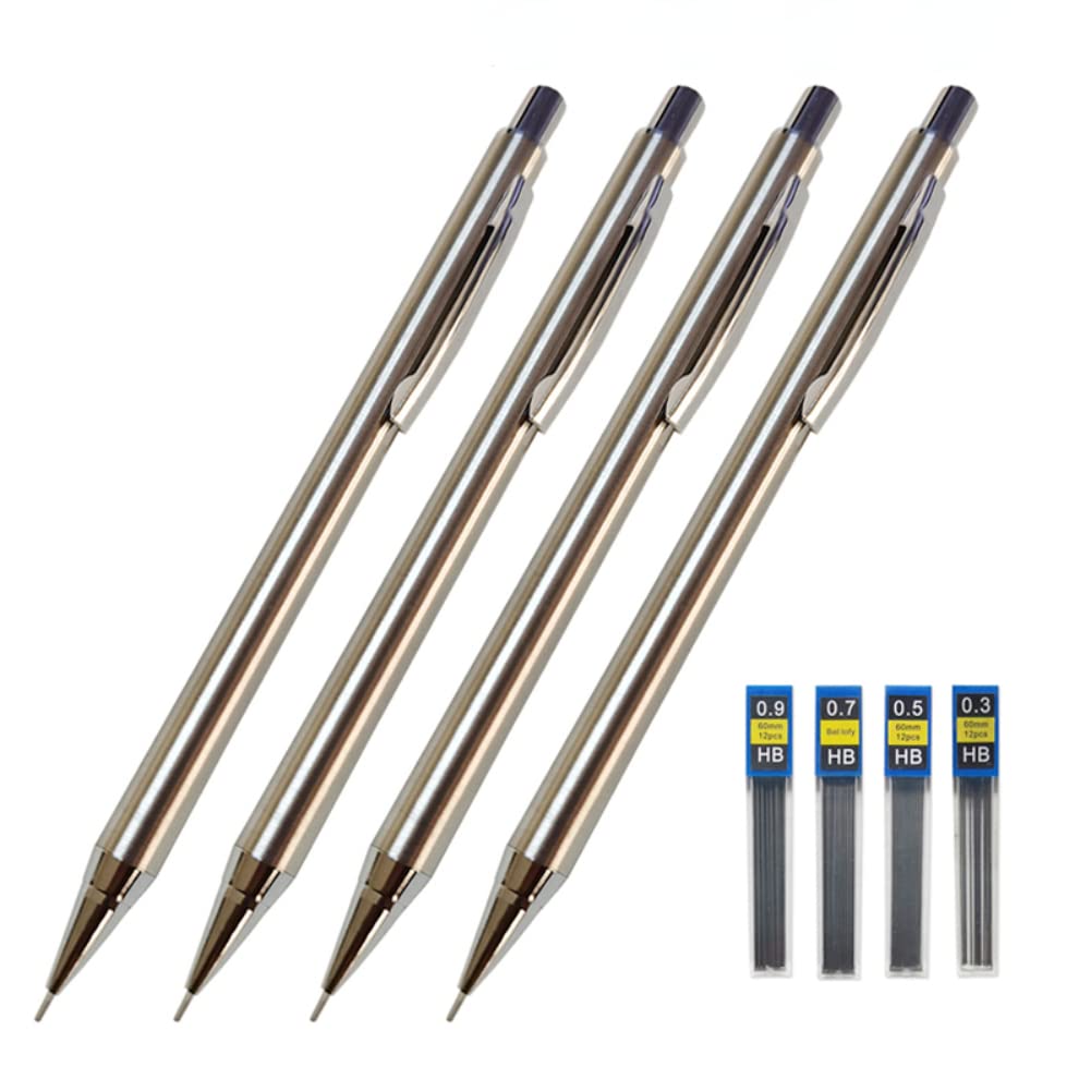 MROOFUL 4PCS Mechanic Pencil Set 0.3/0.5/0.7/0.9mm Lead Metal Silver Thin Holder with Rubber on the end Art Drawing Writing Sketching