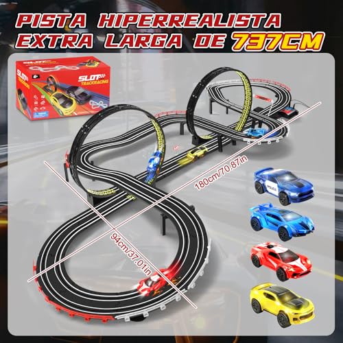 YOOHBERRYS Track Racing Electric, 1:64 Track Cars Kids Track Cars -4 LED Cars, USB, Remote Control, Lap Counter, 360° Loop, Extra Long Circuit Car 3+ Years Toy Gifts (737CM)