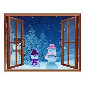 Snowmans Out of The Window - Peel and Stick Self-Adhesive Removable Window View Wall Sticker/Wall Mural - 24"x32"