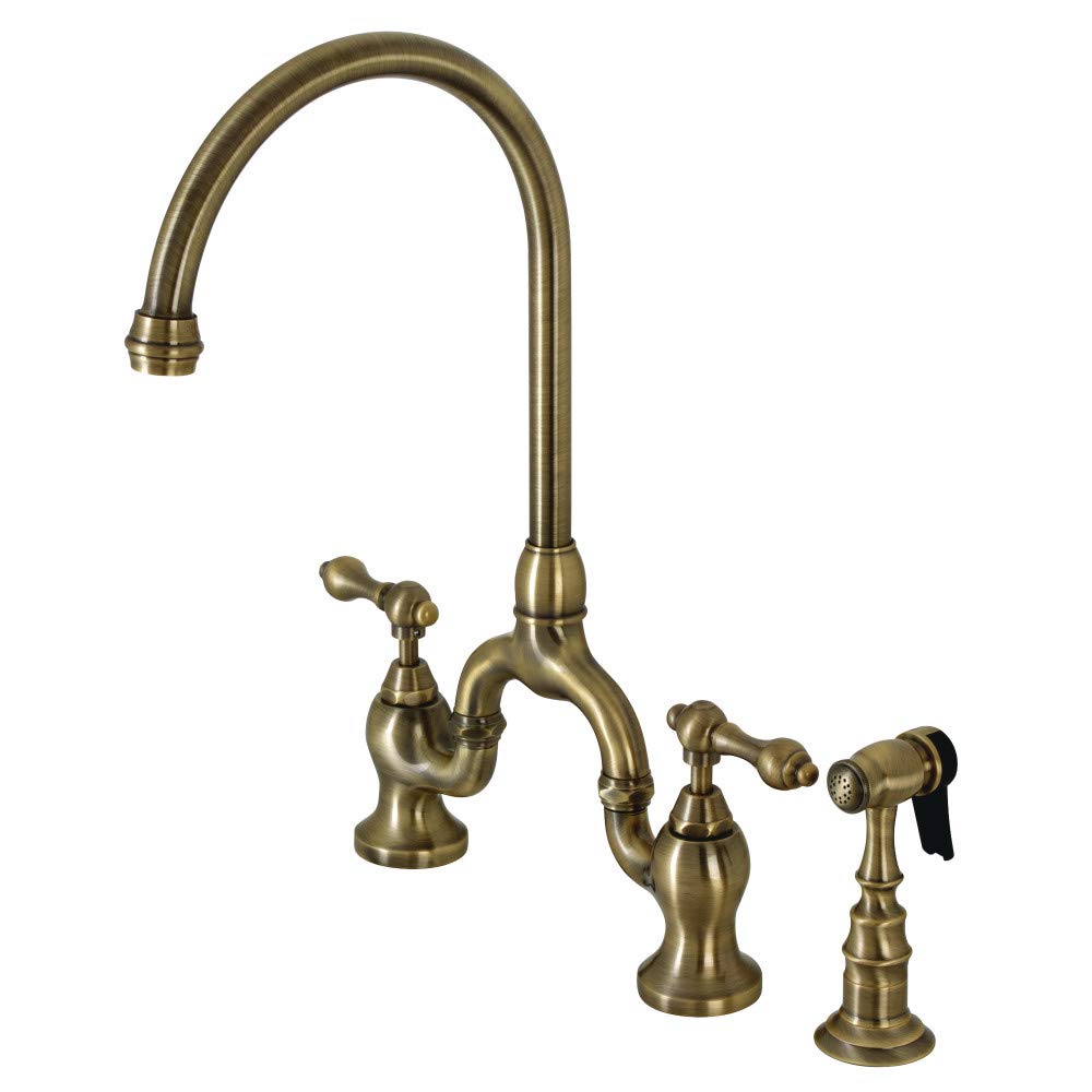 Photo 1 of Kingston Brass KS7793ALBS English Country Bridge Kitchen Faucet, Antique Brass, 13.5 x 7.75 x 16.81