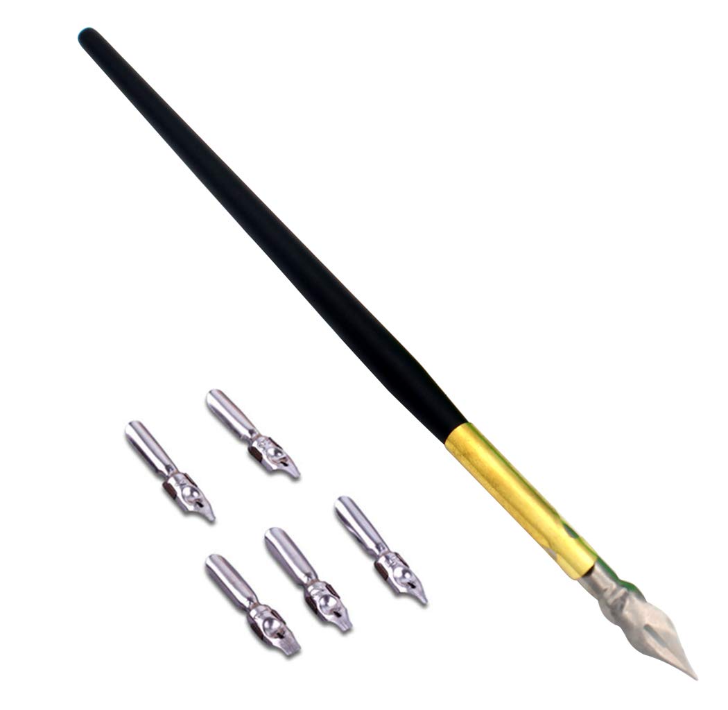 Hillento Wooden Calligraphy Dip Pen, Wood English Calligraphy Pen Copperplate Script Oblique Dip Pen Holder with 5 Different Nibs, Black