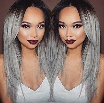 Wigsforyou®long Straight Hair Black to Grey Ombre Wig Heat Resistant Fiber Synthetic Cosplay Wigs