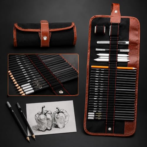 Kit Lápis de Desenho Profissional 29 Peças com Estojo Portátil, Lápis Artísticos, Borrachas, Estilete e Acessórios para Artistas e Estudantes Linha Super Premium 2H B HB 2B 3B 4B 5B 6B 7B 8B