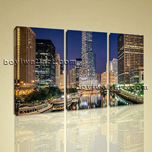 Amazon.com: Large Wall Art Canvas Print Chicago City Skyline At Night