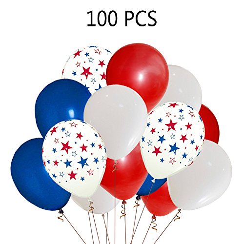 Moon Boat Patriotic Decorations Star Latex Balloons - Red Blue White - Fourth of July Party Supplies(100Ct)