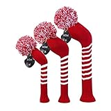 Scott Edward Crimson Red Classic Strip Golf Pom Pom Head Covers Set of 3 for Wood Clubs, with Rotating Number Tags