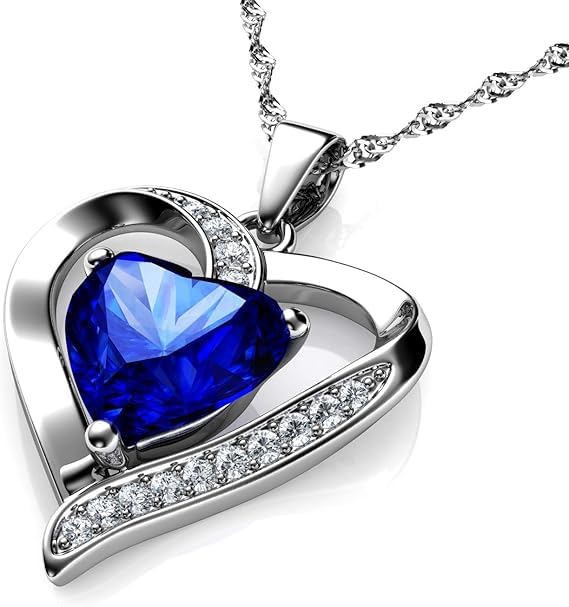 DEPHINI Crystal Heart Necklace – 925 Sterling Silver, Cubic Zirconia Pendant, Rhodium Plated Jewellery for Women (Blue 2)