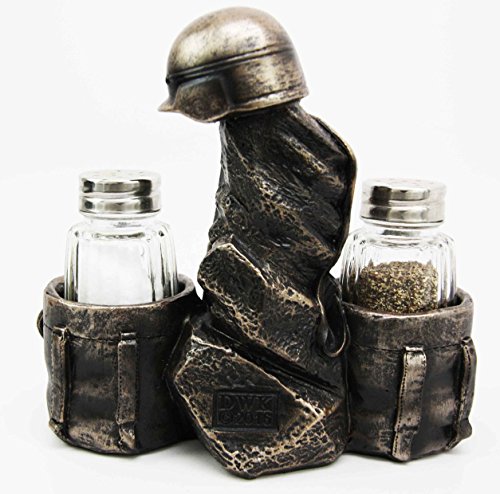 Military Soldier Uniform Attire & Rifle Decorative Glass Salt Pepper Shakers Holder Resin Figurine