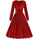 ODIZLI Women's Christmas Retro Dresses for Women Vintage Dress Long Sleeve Velvet Square Neck Swing Dress