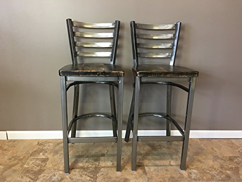 Set Of 2 Reclaimed Wood Seat Bar Stool | With Ladder Back Metal Frame | Restaurant Grade | High Quality |30 Inch High Barstool