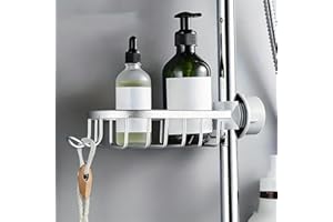 Shower Caddy, Aluminum Bathroom Shower Shelf, Space Saving Rod Tray Faucet Net Basket Storage, White