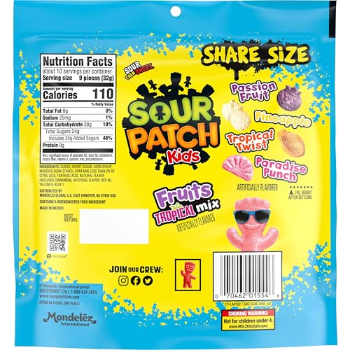 SOUR PATCH KIDS FRUITS TROPICAL MIX SOFT & CHEWY CANDY, SHARE SIZE, 11.11 OZ
