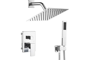 JingGang Shower System Polished Chrome Bathroom Rainfall Shower Faucet Set Complete Wall Mounted 8 Inch Shower Head and Handle Set with Rough-in Valve Body and Trim Kit