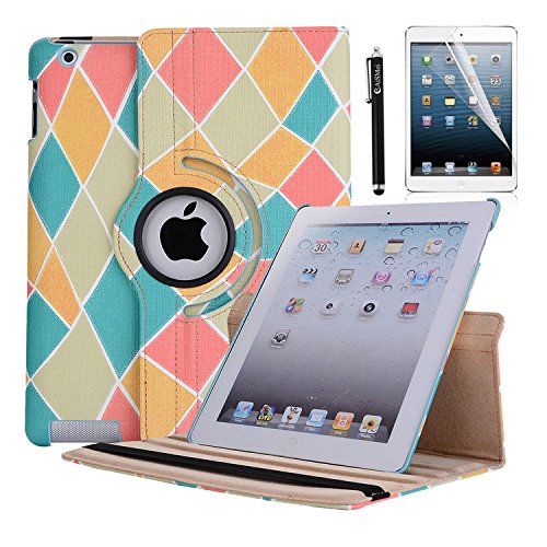 iPad 2 Case, iPad 3 Case, iPad 4 Case, AiSMei Rotating Stand Case Cover with Wake Up/Sleep For Apple iPad 2, iPad 3, iPad 4 [ 9.7-Inch iPad Released before 2013 ] [Bonus Film+Stylus] Mix Color 1