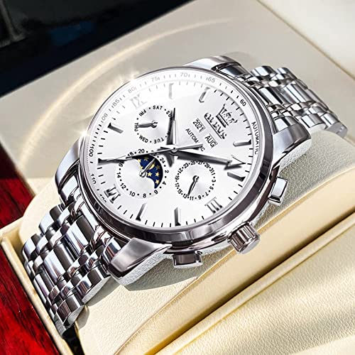 OLEVS Automatic Mens Watches Mechanical Luxury Dress Moon Phase Stainless Steel Waterproof Luminous Calendar Wrist Watches,White,Mechanical