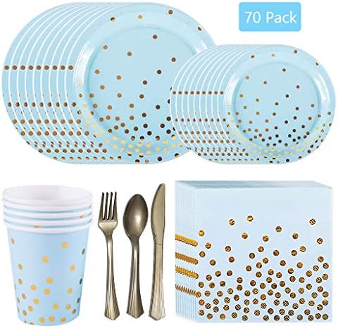 shengo 70pcs Blue Disposable Tableware Party Decor Set Hot stamping Polka dot Party Dinnerware Paper Plates Napkin Cup for Wedding Birthday Baby Shower Party Supplies - 10 guests