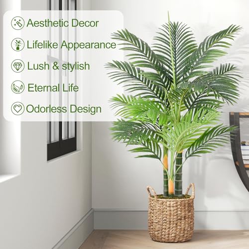 Keeplush Artificial Palm Tree Triple Golden 120cm Large Artificial Plant Outdoor Indoor or Outdoor Tall for Patio Poolside Lawn Office Living Room Balcony Garden (1Pack)