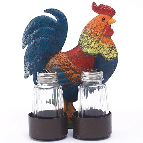 wdlfcgc Rooster Salt and Pepper Shakers Set - Two Glass Shakers With Lids, Vintage Metal Rooster Holder Caddy For Spices And Seasonings, For Kitchen, Dining Or Table Decor (rooster)