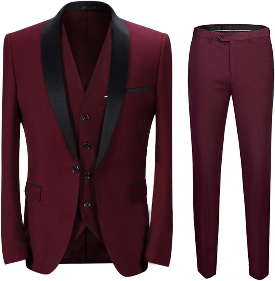 Boyland Men’s 3 Pieces Suit Shawl Lapel Tuxedo Suits Shawl Lapel One Button Tux Jacket Vest Trousers Dinner Wedding