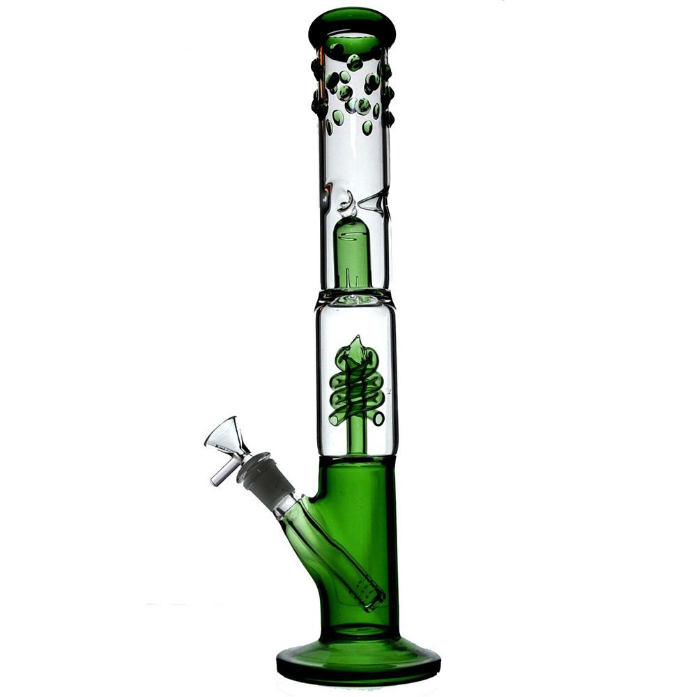 RORA Bong 16" Tall Glass Bong Fashion Designed Coil Percolator Water Pipe with Splash Guard On Glass 14mm Downstem (Green)