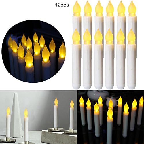 Set of 12 Flameless Candle Amber Yellow Ivory Mini Wax Dipped White Body Flickering LED Taper Candles Decorate for Indoor Party Wedding/Thanksgiving Christmas led candles battery operated candle