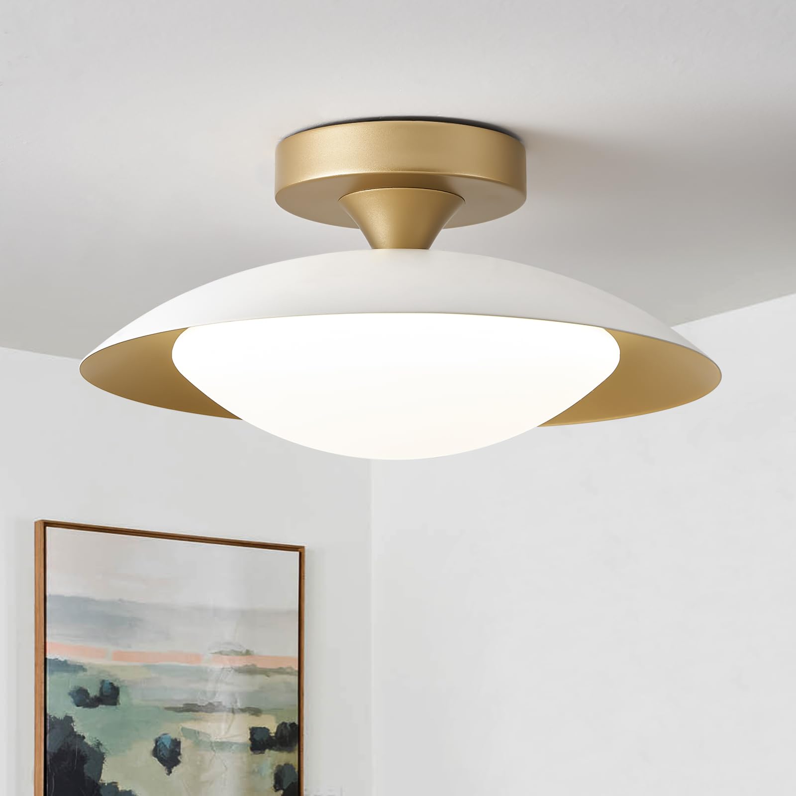 Photo 1 of Dimmable Modern Mid-Century Ceiling Light, White and Gold LED Semi Flush Mount Ceiling Light, 5CCT 2700K-6000K Lighting Fixture Ceiling Lamp with Acrylic Shade for Bedroom Hallway Kitchen, 11.8in