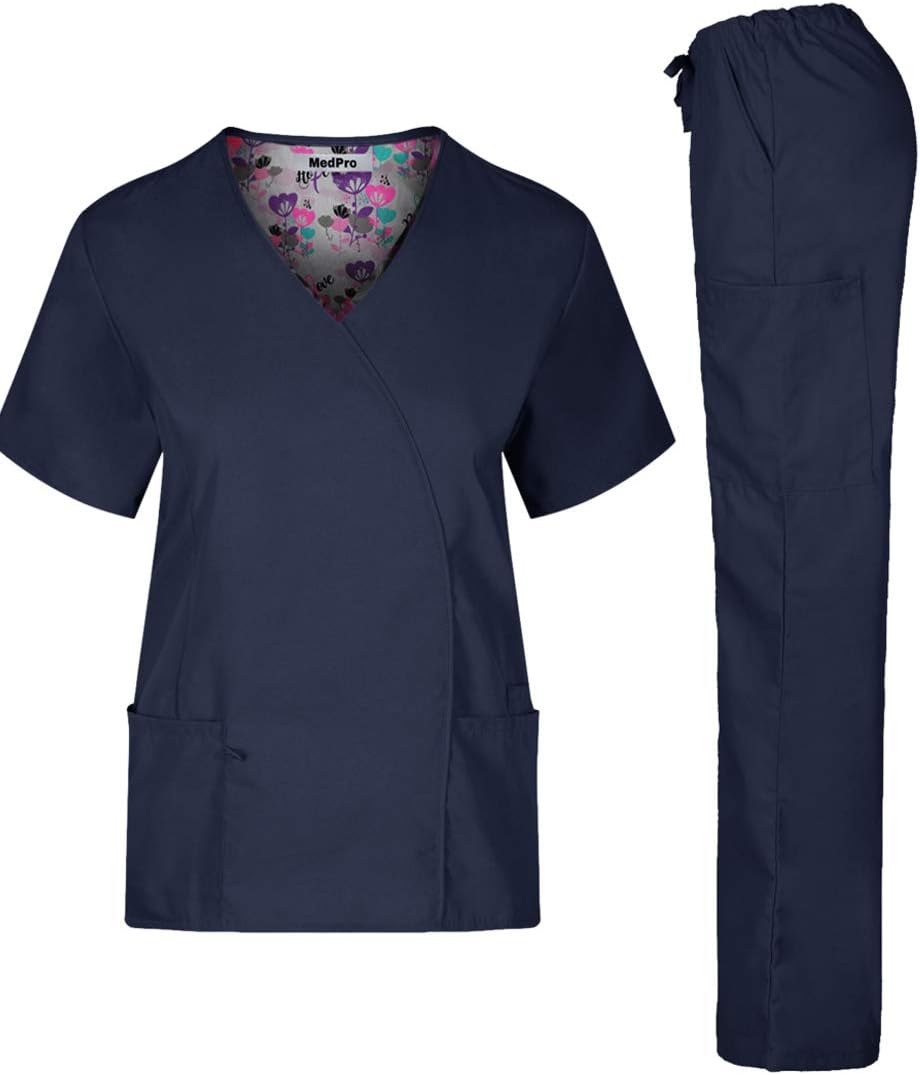 Women's Solid Stretchy Medical Scrub Set Top and Cargo Pants Navy M