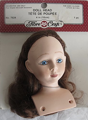 Fibre Craft PACK of 1 Pc. Hard Vinyl DOLL HEAD Approx. 3-3/4" long (Package Size is 4") w Combable Long BROWN HAIR & Pale BLUE EYES