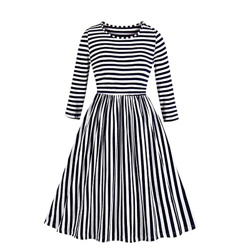 Wellwits Women's Long Sleeves Vertical Stripe Patchwork 50s Vintage Dress 3XL