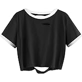 SOFIA'S CHOICE Women Distressed Short Sleeve Crop Top Ringer Tee Loose Ripped Cropped T Shirts